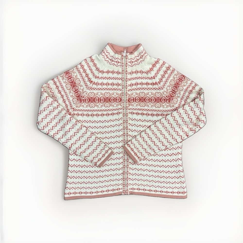 VTG Covington Nordic Ski Sweater Womens XL Pink White Snowflake Full Zip Knit